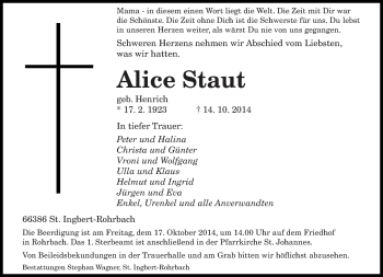 Todesanzeige von Alice Staut von Saarbrücker Zeitung